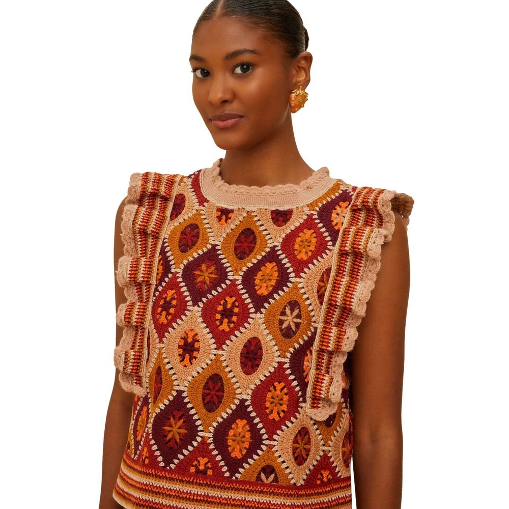 Farm Rio Multicolor Ruffled Crochet Vest Sweater Vest Sleeveless Top Size S NWOT